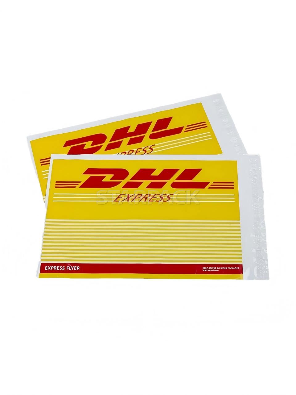 Two stacked DHL logo plastic courier envelopes for global cross-border e-commerce logistics